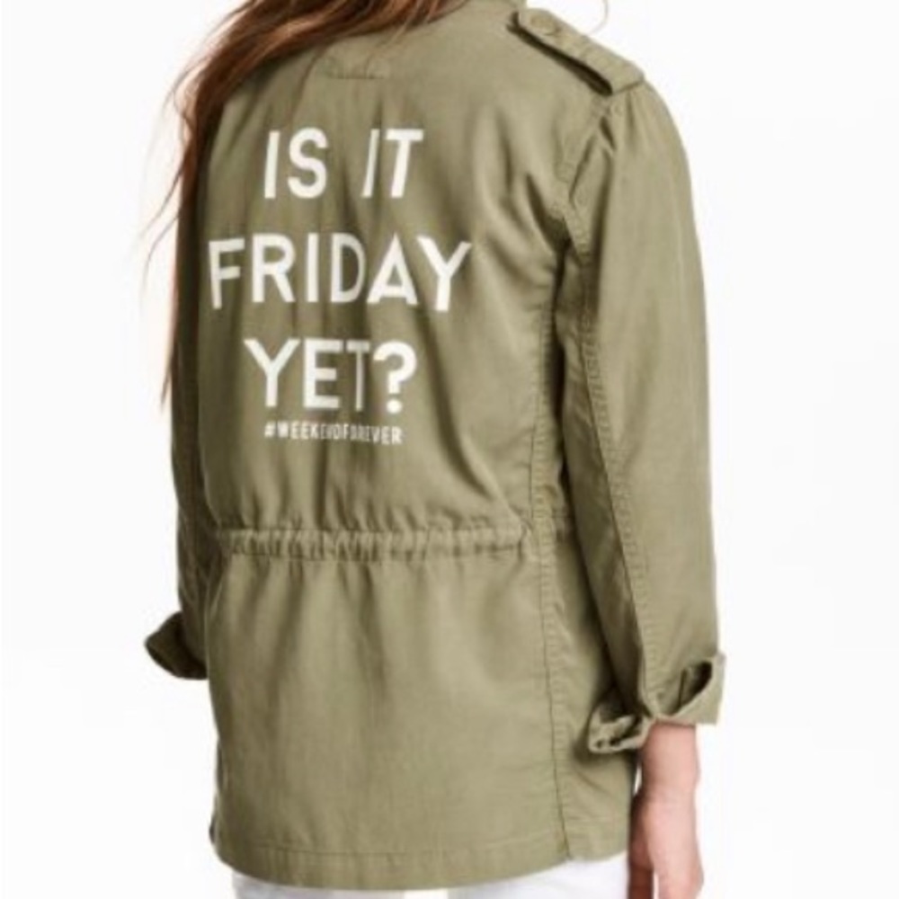 (3 for $50) H&M Cargo Khaki Green IS IT FRIDAY YET? Jacket w/ Bonus Cat Patch